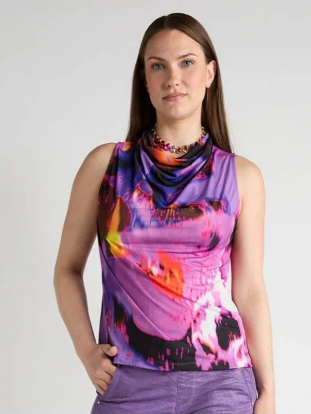 Alembika Sleeveless Cowl Neck Top in Vibrant Purple Print
